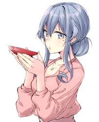  blue_hair breasts casual cleavage commentary_request cup female from_side gotland_(kancolle) hair_between_eyes hair_bun holding holding_cup jewelry kantai_collection long_hair long_sleeves looking_at_viewer medium_breasts mole mole_under_eye necklace pink_shirt rindou_(rindou_annon) sakazuki shirt simple_background single_hair_bun solo upper_body white_background 