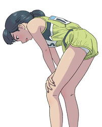  black_eyes black_hair commentary_request eyelashes feet_out_of_frame female green_shirt green_shorts hands_on_own_knees highres leaning_forward open_mouth original panties pantyshot shirt short_hair shorts simple_background solo sumiyama track_uniform underwear white_background 