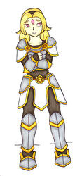  5_fingers accessory armor armored_boots belt big_breasts blonde_hair bottomwear breasts clothed clothing crossed_arms eyelashes female fingers forehead_gem front_view gem hair hair_accessory hairband human ivanks league_of_legends light_body light_skin long_hair looking_up lux_(lol) mammal medium_hair pink_eyes plate_armor pupils riot_games shin_guards simple_background skirt solo standing tencent white_background worried 