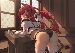  ahoge ass ass_focus bent_over black_hairband black_panties blush bottle cupboard diamond_mouth elbow_on_table eris_greyrat feet_out_of_frame female hair_over_one_eye hairband hand_in_own_hair highres indoors jacket mushoku_tensei panties presenting_ass red_eyes red_hair reflection shoes skindentation solo tenroy thighhighs twintails underwear unworn_shoes white_jacket white_thighhighs window window_shadow 