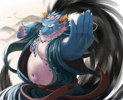  1boy animal_ear_fluff aqua_hair aqua_skin bara bare_pectorals beard belly chest_hair dragon_boy dragon_horns facial_hair fighting_stance floating_clothes foreshortening full_beard furry furry_male guadr highres horns huge_eyebrows japanese_clothes kimono large_pectorals long_mustache male_focus mature_male mountain moustache multicolored_hair navel navel_hair nipples open_clothes open_kimono pectorals plump qinglong_(housamo) slit_pupils solo tokyo_afterschool_summoners two-tone_beard two-tone_hair white_hair yellow_eyes 