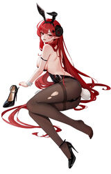  absurdres animal_ears artist_name ass azur_lane backless_leotard bare_shoulders black_footwear black_horns black_leotard breasts brown_pantyhose chinese_commentary commentary_request cross_hair_ornament curled_horns detached_collar fake_animal_ears female full_body hair_ornament high_heels highres hindenburg_(azur_lane) hindenburg_(delirious_duel)_(azur_lane) horns large_breasts leotard long_hair looking_at_viewer official_alternate_costume pantyhose playboy_bunny pointy_ears red_eyes red_hair shoes simple_background single_shoe solo stiletto_heels strapless strapless_leotard thighband_pantyhose torn_clothes torn_pantyhose unworn_shoes very_long_hair white_background wrist_cuffs xnnagu 