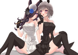  2girls :o absurdres animal_ears bare_shoulders black_dress black_gloves black_hair black_thighhighs blue_flower blue_rose bob_cut bow clothing_cutout commentary curren_chan_(umamusume) dress dress_bow ear_covers feet_out_of_frame flower frilled_dress frills gloves grey_hair hair_flower hair_ornament hair_over_one_eye hand_on_own_knee highres holding holding_whisk horse_ears horse_girl knee_up knees_up legs long_hair looking_at_viewer matching_outfits multiple_girls navel_cutout open_mouth parted_lips purple_eyes rice_shower_(umamusume) rose shadow short_hair side-by-side simple_background sitting strapless strapless_dress taiyaki_yaita thighhighs tilted_headwear umamusume whisk white_background white_dress white_headwear 