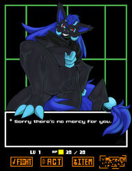  black_body black_fur blue_eyes blue_hair claws fur generation_5_pokemon hair hi_res horn long_hair male muscular muscular_male nimbeon_(nimark) nintendo pointed_tail pokemon pokemon_(species) teeth text_box ui undertale undertale_(series) zoroark 