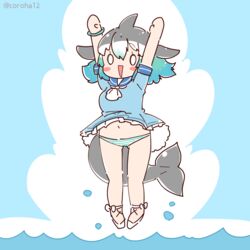  arms_up blue_background blue_hair cetacean_tail common_bottlenose_dolphin_(kemono_friends) coroha dolphin_girl dress female fins fish_tail full_body grey_hair head_fins jumping kemono_friends long_hair looking_at_viewer multicolored_hair panties sailor_collar sailor_dress shoes simple_background solo tail two-tone_hair underwear 