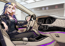  absurdres akali belt black_choker black_hair black_jacket black_pants black_shirt blonde_hair breasts bu_ruo1996_(caricaturist) car_interior choker cleavage female highres jacket jewelry k/da_(league_of_legends) k/da_all_out_akali league_of_legends long_hair long_sleeves looking_at_viewer medium_breasts mercedes-benz open_clothes open_jacket pants pink_hair purple_eyes ring shirt sitting solo steering_wheel 