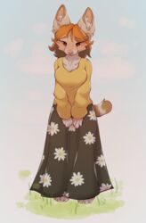  anthro big_ears blush bottomwear brown_body brown_ears brown_fur brown_hair clothed clothing dress felid feline female floral_print flower fur grass hair hands_on_legs hi_res jacket mammal pink_nose plant prelares serval short_tail skirt smile solo standing stripes tail topwear white_body white_fur 