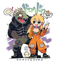  1boy absurdres blonde_hair blue_eyes breasts caiman_(dorohedoro) clenched_hand copyright_name dorohedoro dumpling female fisheye food full_body gyoza_man highres jiaozi jumpsuit long_hair looking_at_another nikaidou_(dorohedoro) open_mouth orange_jumpsuit pants partially_unzipped rariatto_(ganguri) smile thumbs_up twitter_username 