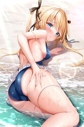  :t absurdres arm_support ass azur_lane backless_swimsuit beach black_ribbon blonde_hair blue_eyes blue_one-piece_swimsuit blush breasts closed_mouth day dead_or_alive dead_or_alive_xtreme female from_behind hair_ornament hair_ribbon hand_on_own_ass highres kokuto_(kurousagi1210) lens_flare long_hair looking_at_viewer looking_back lying marie_rose marie_rose_(devilish_servant_against_the_splashing_waves) medium_breasts one-piece_swimsuit outdoors pout ribbon sand sideboob solo sunlight swimsuit twintails water wet x_hair_ornament 