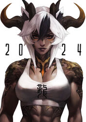  2024 abs absurdres alternate_form animal_ear_fluff animal_ears axis_(monori_rogue) black_hair breasts brown_lips chinese_zodiac cleavage commentary dark-skinned_female dark_skin dragon_girl dragon_horns english_commentary eyebrow_cut female hair_between_eyes highres horns looking_at_viewer medium_breasts monori_rogue multicolored_hair muscular muscular_female original paid_reward_available red_eyes scales short_hair solo sports_bra two-tone_hair upper_body white_background white_hair white_sports_bra year_of_the_dragon 