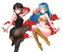  2girls absurdres animal_print bikini black_hair boots breasts commentary_request cone_horns dress fujinami_ryuunosuke fur_bikini green_eyes green_hair highres horns itou_kazuki knee_up long_hair looking_at_viewer lum multiple_girls oni pantyhose print_bikini print_footwear red_background red_clouds short_hair signature sleeveless sleeveless_dress small_horns smile standing standing_on_one_leg strapless strapless_bikini swimsuit tiger_panties tiger_print two-tone_background urusei_yatsura v white_background yellow_bikini yellow_eyes 