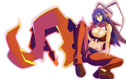  antenna_hair bare_shoulders belt bikini bikini_top_only blue_hair breasts cleavage demon_girl disgaea disgaea_d2 exa1018 female full_body genderswap_(mtf) hair_between_eyes huge_antenna_hair laharl laharl-chan large_breasts long_hair looking_at_viewer navel pants pointy_ears pursed_lips red_eyes red_pants red_scarf rule_63 scarf simple_background solo spiked_hair swimsuit torn_clothes torn_pants torn_scarf very_long_hair white_background 