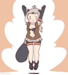  american_beaver_(kemono_friends) animal_ears arms_up beaver_ears beaver_tail bra brown_background coroha elbow_gloves extra_ears female full_body gloves grey_hair jacket jumping kemono_friends leggings long_hair looking_at_viewer navel shoes shorts simple_background solo tail underwear 