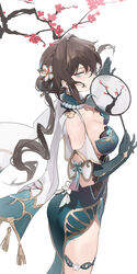  absurdres aqua_eyes ass bare_shoulders beads berserker_r black_hair breasts brown_hair chinese_clothes cleavage clothing_cutout dress female gloves hand_fan highres holding holding_fan honkai:_star_rail honkai_(series) jewelry long_hair looking_at_viewer medium_breasts necklace ruan_mei_(honkai:_star_rail) short_sleeves shoulder_cutout solo thighs tuanshan white_background 