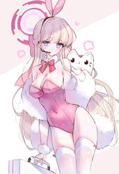  absurdres alternate_hair_color animal animal_ears bare_shoulders blonde_hair blue_archive blue_eyes bow braid breasts brown_background cleavage closed_mouth collarbone commentary_request covered_navel fake_animal_ears feline female fur_collar hairbow halo headset highres holding leotard medium_breasts nail_polish pink_bow pink_hair pink_leotard pink_nails playboy_bunny rabbit_ears red_bow smile solo strapless strapless_leotard suitcase tandohark thighhighs toki_(blue_archive) toki_(bunny)_(blue_archive) two-tone_background white_background white_cat white_thighhighs 