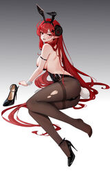  absurdres animal_ears artist_name ass azur_lane backless_leotard bare_shoulders black_footwear black_horns black_leotard breasts brown_pantyhose chinese_commentary commentary_request cross_hair_ornament curled_horns detached_collar fake_animal_ears female full_body gradient_background grey_background hair_ornament high_heels highres hindenburg_(azur_lane) hindenburg_(delirious_duel)_(azur_lane) horns large_breasts leotard long_hair looking_at_viewer official_alternate_costume pantyhose playboy_bunny pointy_ears red_eyes red_hair shoes simple_background single_shoe solo stiletto_heels strapless strapless_leotard thighband_pantyhose unworn_shoes very_long_hair wrist_cuffs xnnagu 