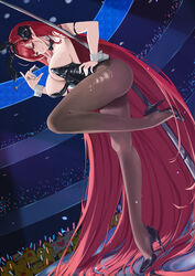  absurdly_long_hair absurdres animal_ears arm_strap ass azur_lane bare_shoulders bending black_footwear black_horns black_leotard breasts brown_pantyhose curled_horns demon_girl demon_horns detached_collar fake_animal_ears female from_above hand_on_own_hip heart high_heels highres hindenburg_(azur_lane) hindenburg_(delirious_duel)_(azur_lane) horns indoors large_breasts leg_up leotard long_hair looking_at_viewer looking_down manjuu_(azur_lane) official_alternate_costume pantyhose playboy_bunny pointy_ears pole_dancing pouring pouring_onto_self rabbit_ears red_eyes red_hair shoes solo stage standing standing_on_one_leg strapless strapless_leotard torn_clothes torn_pantyhose undersized_breast_cup very_long_hair xstetra 