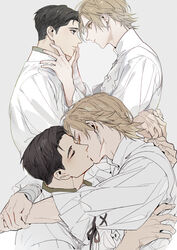  2boys arms_around_neck bandaged_arm bandages black_hair blonde_hair blush closed_eyes couple dion_lesage earrings final_fantasy final_fantasy_xvi frilled_sleeves frills grey_background hand_on_another&#039;s_back hand_on_another&#039;s_shoulder imminent_kiss jewelry kissing long_sleeves male_focus medium_hair multiple_boys puffy_long_sleeves puffy_sleeves rihabi shirt short_hair terrence_(ff16) upper_body white_shirt yaoi yellow_eyes 