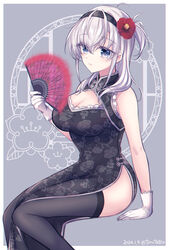  alternate_costume black_dress black_headband black_thighhighs blue_eyes blush breasts china_dress chinese_clothes cleavage dress female flower folding_fan gloves gradient_background grey_background grey_eyes grey_hair hair_between_eyes hair_flower hair_ornament hand_fan headband highres kabocha_torute kantai_collection long_hair looking_at_viewer medium_breasts sitting smile solo suzutsuki_(kancolle) thighhighs white_gloves 