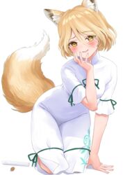  animal_ear_fluff animal_ears blonde_hair blush corked_bottle cylinder female fox_ears fox_girl fox_tail full_body hair_between_eyes highres kudamaki_tsukasa romper shadow short_hair short_sleeves simple_background solo tail tora_army touhou white_background white_romper yellow_eyes 