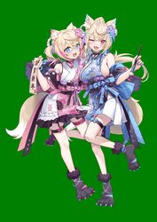  2girls absurdres animal_ear_fluff animal_ears asymmetrical_clothes belt belt_buckle blonde_hair blue_belt blue_eyes blue_hair breasts buckle calligraphy_brush crossed_bangs curry_bowl detached_sleeves dog_ears dog_girl dog_tail flower frilled_kimono frills fuwawa_abyssgard fuwawa_abyssgard_(new_year) green_background hair_between_eyes hair_flower hair_ornament highres holding holding_calligraphy_brush holding_paintbrush holding_paper hololive hololive_english japanese_clothes kimono large_breasts long_hair looking_at_viewer mococo_abyssgard mococo_abyssgard_(new_year) multicolored_hair multiple_girls official_alternate_costume official_alternate_hairstyle one_eye_closed paintbrush paper paw_shoes pink_belt pink_eyes pink_hair pink_kimono ponytail short_twintails siblings sideboob sideless_kimono simple_background sisters sleeveless standing standing_on_one_leg streaked_hair tail thigh_strap twins twintails virtual_youtuber white_kimono 