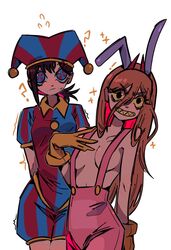  2girls 31ulkubo ? animal_ears arms_behind_back black_eyes breasts chainsaw_man colored_sclera commentary cosplay gloves grin hair_between_eyes higashiyama_kobeni highres horns jax_(the_amazing_digital_circus) jax_(the_amazing_digital_circus)_(cosplay) jester jester_costume long_hair low_ponytail medium_breasts medium_hair multiple_girls naked_overalls orange_gloves overalls pink_overalls pomni_(the_amazing_digital_circus) pomni_(the_amazing_digital_circus)_(cosplay) power_(chainsaw_man) rabbit_ears red_horns sharp_teeth single_sidelock smile sparkle symbol-only_commentary teeth the_amazing_digital_circus yellow_sclera 