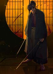  1boy absurdres barefoot beard_stubble black_hair blood blood_on_clothes blood_on_weapon blood_splatter bloody_handprints cloak commentary_request dual_wielding facial_hair fate/grand_order fate_(series) full_body glint green_hakama grin hair_over_one_eye hakama hakama_pants handprint high_ponytail highres holding holding_sword holding_weapon implied_murder indoors japanese_clothes katana kimono looking_at_viewer male_focus mizuna237 narrowed_eyes okada_izou_(fate) open_cloak open_clothes pants purple_kimono round_window scarf short_hair short_ponytail shouji sliding_doors smile solo standing stubble sword tatami weapon window yellow_eyes yellow_scarf 