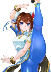  ass_visible_through_thighs blue_dress blue_eyes blue_pants blue_ribbon blue_sleeves bracelet brown_hair bun_cover china_dress chinese_clothes chun-li chun-li_(cosplay) cosplay diamond_hair_ornament double_bun dress female fighting_stance hair_bun hair_ornament hair_ribbon highres hololive jewelry kneepits long_hair looking_at_viewer madcolorngr pants pelvic_curtain pink_nails red_ribbon ribbon short_hair shrug_(clothing) smile solo split standing standing_on_one_leg standing_split star_(symbol) star_hair_ornament street_fighter street_fighter_6 thick_thighs thighs tokino_sora virtual_youtuber 