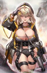  40mm_grenade ahoge anis_(nikke) arm_up artist_name beret black_hat black_jacket black_shorts black_thighhighs blonde_hair blush breasts cleavage cowboy_shot crop_top explosion female fingerless_gloves gloves goddess_of_victory:_nikke grey_gloves grey_shirt hanh_chu hat highres huge_breasts jacket looking_at_viewer low_neckline multicolored_clothes multicolored_jacket open_mouth orange_jacket plump salute shiny_skin shirt short_hair short_shorts shorts single_glove smile smoke_grenade solo strap thigh_strap thighhighs two-tone_jacket weapon yellow_eyes 