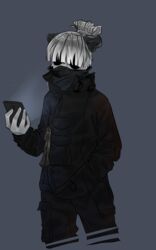  5:8 acrnm aimi_(sleepysushiroll) anonymous_artist anthro bear electronics fashion giant_panda hi_res looking_at_object looking_at_phone male mammal phone pose solo streetwear techwear 