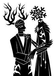  2015 2_horns 5_claws 5_fingers ambiguous_gender animal_humanoid antlers arm_eye arm_tuft black_and_white claws clothing deer deer_humanoid digital_drawing_(artwork) digital_media_(artwork) duo elbow_tuft eye_scar facial_scar finger_claws fingers flame_pattern for_a_head gesture hand_on_shoulder handshake headgear headwear hi_res horn humanoid male mammal mammal_humanoid monochrome object_head pangloss_(scp_foundation) portrait religious_clothing religious_headwear robe saturn_deer scale_tuft scales scar scp_foundation shoulder_tuft silhouette simple_background snowflake sunnyclockwork three-quarter_portrait tuft turban white_background 