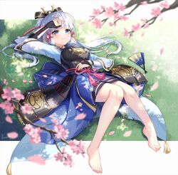  absurdres arm_guards arm_up armor armored_dress bare_legs barefoot blue_eyes blue_hair blunt_bangs blunt_tresses blurry blurry_foreground blush breastplate breasts cherry_blossoms closed_mouth commentary_request depth_of_field eyelashes feet female flower_knot folding_fan genshin_impact grass hair_ornament hair_ribbon hand_fan highres japanese_armor japanese_clothes kamisato_ayaka kamisato_clan_(emblem) knees_together_feet_apart knees_up lalazyt large_breasts legs light_blue_hair long_hair looking_at_viewer on_ground outdoors ponytail ribbon signature smile solo tassel toenails toes tress_ribbon 