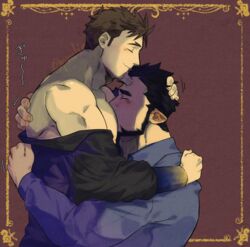  2boys bara bare_pectorals beard between_pectorals blush carrying carrying_person collared_shirt comforting couple face_to_pecs facial_hair from_side full_beard gold_border hand_on_another&#039;s_back hands_on_another&#039;s_head happy head_between_pecs large_pectorals live_a_hero male_focus male_protagonist_(live_a_hero) mature_male motion_lines multiple_boys muscular muscular_male nessen_(live_a_hero) nipples off_shoulder pectorals pmlial profile shirt short_hair sideburns smile sweatdrop thick_eyebrows upper_body yaoi 