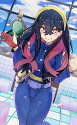  belt black_hair blue_jacket blue_pants buttons carmine_(pokemon) commentary_request crossed_bangs day fanny_pack female gloves grin hair_between_eyes hairband hands_up highres jacket long_hair long_sleeves looking_at_viewer mole mole_under_eye pants partially_fingerless_gloves pokemon pokemon_(creature) pokemon_sv single_glove sinistcha smile standing teeth umiru yellow_bag yellow_eyes yellow_hairband 