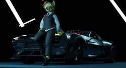  3d_(artwork) absurd_res anthro blender_(artwork) canid canine canis car clothing cyberpunk cyberpunk_2077 digital_media_(artwork) eyewear gynomorph gynomorph_(lore) haolde haolde_(character) hi_res intersex looking_at_viewer mammal motor_vehicle sitting_on_car sitting_on_vehicle solo suit sunglasses vehicle wolf 