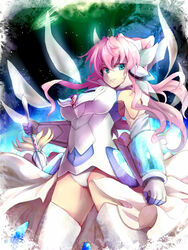  blue_eyes breasts cleavage commentary_request female green_eyes hair_ornament jewelry large_breasts long_hair looking_at_viewer maria_cadenzavna_eve moon pendant pink_hair planetary_ring senki_zesshou_symphogear smile solo symphogear_pendant thighhighs thighs x-drive_(symphogear) yude 