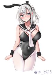  absurdres adapted_costume animal_ears black_leotard blue_eyes blush breasts cleavage covered_navel cowboy_shot detached_collar embarrassed fake_animal_ears female grey_hair highres kantai_collection large_breasts leotard long_hair looking_at_viewer one_side_up pantyhose playboy_bunny rabbit_ears sailor_collar simple_background solo strapless strapless_leotard suzutsuki_(kancolle) tf_cafe twitter_username white_background white_pantyhose wrist_cuffs 