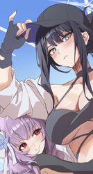  2girls alternate_hairstyle atsuko_(blue_archive) bare_shoulders baseball_cap bikini black_hair black_headwear blue_archive blue_eyes blue_sky bow breasts cleavage coat fingerless_gloves gloves halo halterneck hat highres large_breasts long_hair looking_at_viewer midriff multiple_girls netural no_mask off_shoulder ponytail purple_hair red_eyes saori_(blue_archive) sidelocks sky smile swimsuit unfinished white_coat 