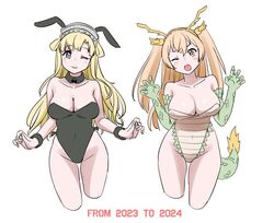  2girls animal_ears black_leotard blonde_hair blue_eyes bow bowtie breasts brown_eyes chinese_zodiac cropped_legs detached_collar dragon_girl dragon_horns dragon_tail elbow_gloves fletcher_(kancolle) gloves green_gloves headgear horns johnston_(kancolle) kantai_collection leotard light_brown_hair long_hair multiple_girls one_eye_closed playboy_bunny rabbit_ears simple_background strapless strapless_leotard tail tamu_(mad_works) two_side_up white_background wrist_cuffs year_of_the_dragon year_of_the_rabbit yellow_leotard 