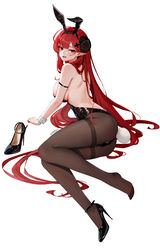  absurdres animal_ears artist_name ass azur_lane backless_leotard bare_shoulders black_footwear black_horns black_leotard breasts brown_pantyhose chinese_commentary commentary_request cross_hair_ornament curled_horns detached_collar fake_animal_ears female full_body hair_ornament high_heels highres hindenburg_(azur_lane) hindenburg_(delirious_duel)_(azur_lane) horns large_breasts leotard long_hair looking_at_viewer official_alternate_costume pantyhose playboy_bunny pointy_ears red_eyes red_hair shoes simple_background single_shoe solo stiletto_heels strapless strapless_leotard thighband_pantyhose unworn_shoes very_long_hair white_background wrist_cuffs xnnagu 