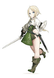  blonde_hair blue_eyes boots buckler elf fantasy female gloves highres holding holding_sword holding_weapon km_yama knife long_hair looking_at_viewer low_ponytail original pointy_ears shield smile solo sword unsheathed weapon 