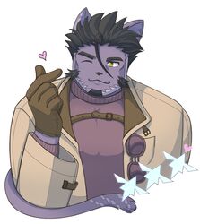  anthro beard black_hair chest_strap clothing domestic_cat facial_hair felid feline felis fur gloves hair handwear heart_symbol jacket lifewonders live_a_hero male mammal one_eye_closed purple_body purple_fur solo sui6sweet sweater topwear tsuneaki turtleneck wink yellow_eyes 