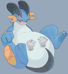  2022 absurd_res ambiguous_gender belly belly_rub belly_squish big_belly blue_body closed_eyes digital_drawing_(artwork) digital_media_(artwork) disembodied_hand duo feet feral generation_3_pokemon grey_background grey_body hand_on_belly happy hi_res high-angle_view lying multicolored_body nintendo nude on_back open_mouth open_smile overweight overweight_ambiguous overweight_feral pokemon pokemon_(species) simple_background smile soles solo_focus squish swampert three-quarter_view xeniyy 