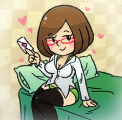  acfan120 arm_up bed black_thighhighs blush bob_cut bra breasts brown_hair buttons cleavage collared_shirt envelope female glasses green_bra green_panties hand_up heart holding holding_envelope holding_letter letter long_sleeves nikki_(swapnote) on_bed panties parted_bangs red-framed_eyewear seductive_smile shirt simple_background smile swapnote thighhighs underwear white_shirt 