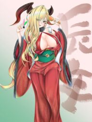  absurdres asymmetrical_bangs bare_shoulders bikini bikini_under_clothes blonde_hair breasts facial_mark fate/grand_order fate_(series) female fur_collar hagoita hair_over_one_eye halterneck hane_(hanetsuki) highres horns japanese_clothes kachihokori_satake kimono large_breasts long_hair long_sleeves looking_at_viewer nero_claudius_(fate) obi off_shoulder paddle pointy_ears queen_draco_(fate) queen_draco_(third_ascension)_(fate) red_bikini red_eyes red_kimono sash smile solo standing swimsuit wide_sleeves 