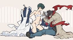  1boy apron bandaged_hand bandages between_legs black_dress black_footwear black_hair black_shirt blue_pants bra breasts broken_handcuffs brown_coat chains clothes_hanger coat covering_face dress female frilled_dress frills genderswap_(mtf) getter_robo gou_saotome green_hair hanahiyo_(hoimin) holding holding_clothes hunched_over kneeling long_dress maid maid_apron medium_hair nagare_ryoma navel panties pants partially_undressed red_scarf rule_63 scarf shin_getter_robo shirt short_hair shorts sideburns sitting small_breasts sweat torn_clothes torn_coat torn_pants torn_scarf torn_shorts trench_coat underwear white_apron white_bra white_panties white_wrist_cuffs wrist_cuffs 