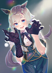  absurdres animal_ears asymmetrical_gloves black_gloves blue_eyes blue_pants blue_vest blush bow bowtie buttons claw_pose collared_shirt commentary_request cowboy_shot double-breasted doushi_tatsu_to_dekkai_no ear_covers female gloves grey_hair hair_between_eyes half_gloves highres horse_ears horse_girl horse_tail jacket lens_flare light_particles long_sleeves mimikaki official_alternate_costume open_mouth pants seiun_sky_(soiree_de_chaton)_(umamusume) seiun_sky_(umamusume) shirt short_hair single_ear_cover single_half_glove smile solo tail umamusume vest white_bow white_bowtie white_jacket white_shirt 