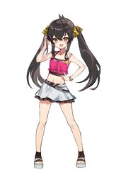  absurdres animal_print armpits badge bangle bare_legs bare_shoulders belt black_belt black_camisole black_footwear black_hair black_skirt blush bracelet buttons camisole collarbone female full_body hair_ribbon hand_in_own_hair hand_on_own_hip hand_up highres idolmaster idolmaster_cinderella_girls idolmaster_cinderella_girls_u149 jewelry karasu_btk long_hair looking_at_viewer matoba_risa midriff miniskirt navel open_mouth pendant pink_camisole pleated_skirt print_ribbon ribbon simple_background skirt smile solo tiger_print toes twintails v-shaped_eyebrows very_long_hair white_background white_skirt yellow_eyes yellow_ribbon 