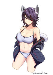  absurdres bikini breasts eyepatch female floating_headgear headgear highres jacket kantai_collection large_breasts looking_at_viewer medium_hair navel off_shoulder official_alternate_costume open_clothes open_jacket purple_hair simple_background smile solo swimsuit tenryuu_(kancolle) tenryuu_(swimsuit_mode)_(kancolle) tenryuu_kai_ni_(kancolle) the_second_form white_background white_bikini yellow_eyes 