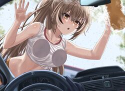  against_glass against_window alternate_costume breast_press breasts breasts_on_glass brown_eyes brown_hair car_interior collarbone english_commentary female from_below from_inside gardavwar hair_ornament hairclip hand_on_glass highres holding holding_sponge hololive hololive_english left-hand_drive long_hair medium_breasts midriff nanashi_mumei navel on_vehicle open_mouth ponytail rear-view_mirror shirt sleeves_rolled_up soap_bubbles solo speedometer sponge steering_wheel tied_shirt virtual_youtuber washing_vehicle windshield 